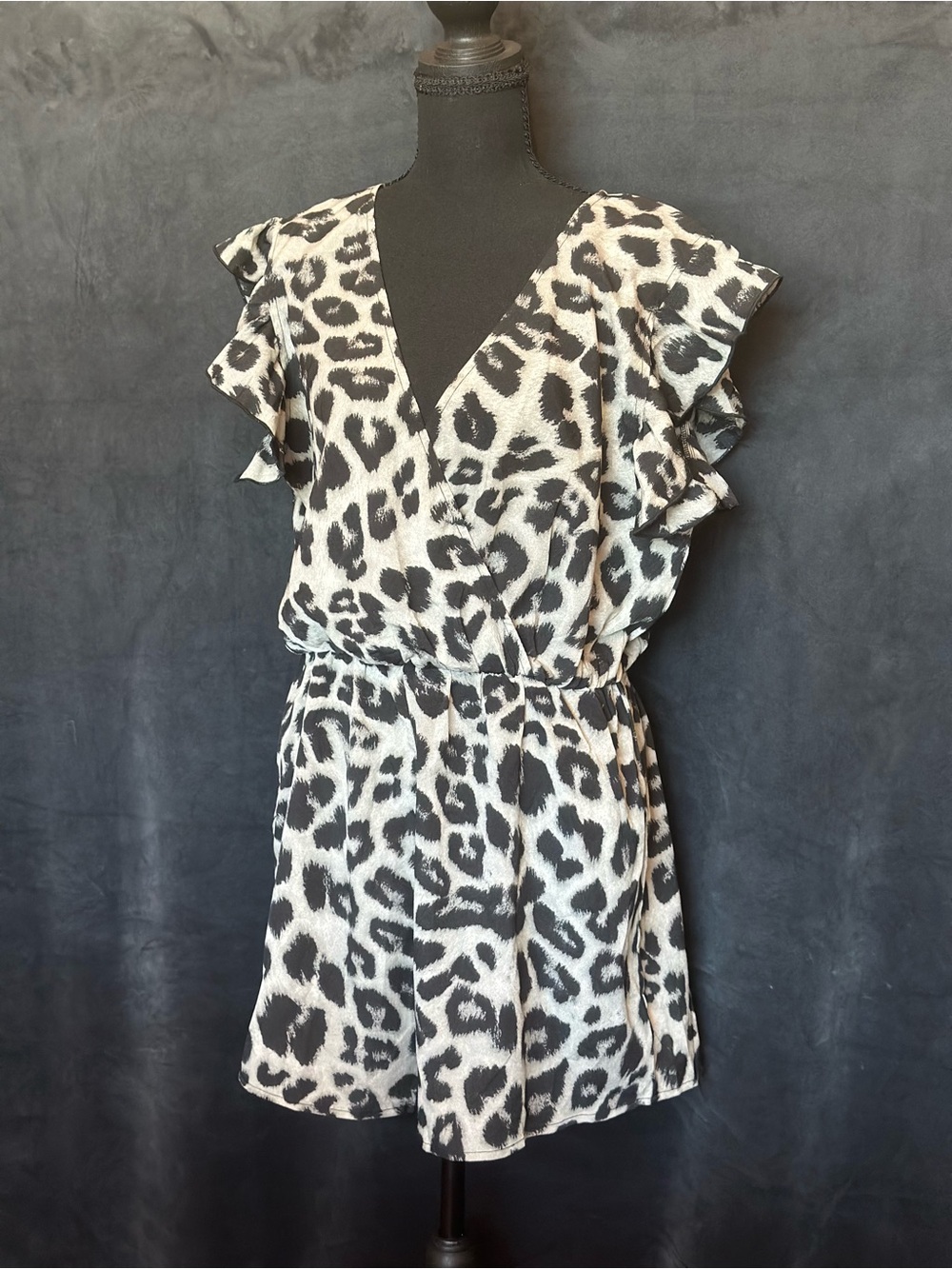 SHEIN Black and White Leopard Print Ruffle Wrap Mini Dress